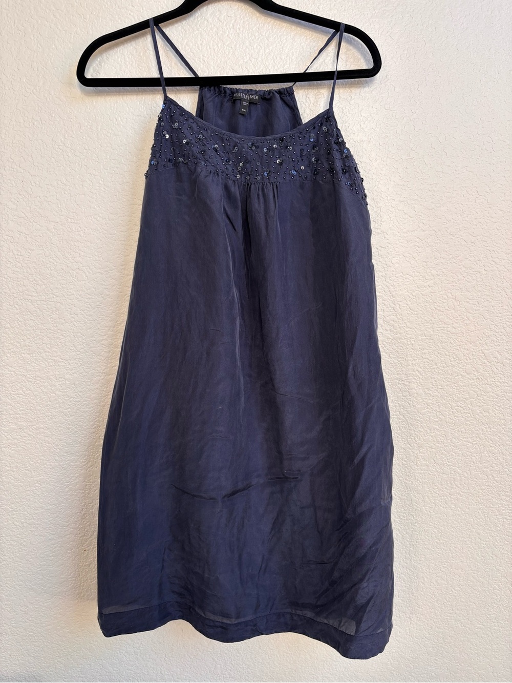 Eileen Fisher Navy Beaded Spaghetti-Strap Mini Dress
